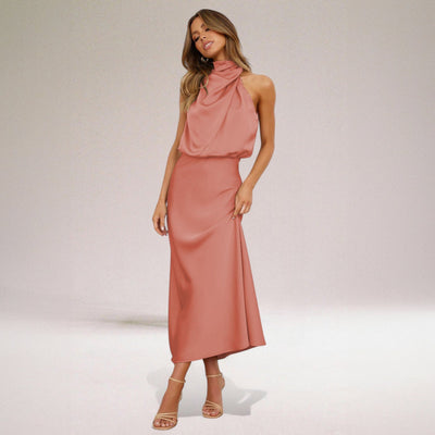 Flavia - Elegante Satijnen Jurk met Halternek